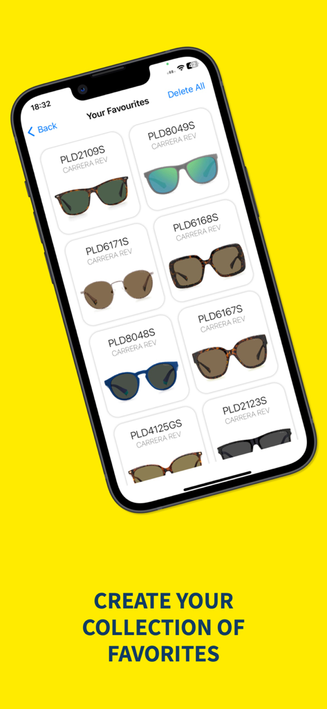 Pantalla de la aplicación móvil Safilo VTO que muestra una colección de modelos de gafas favoritos en un diseño de cuadrícula