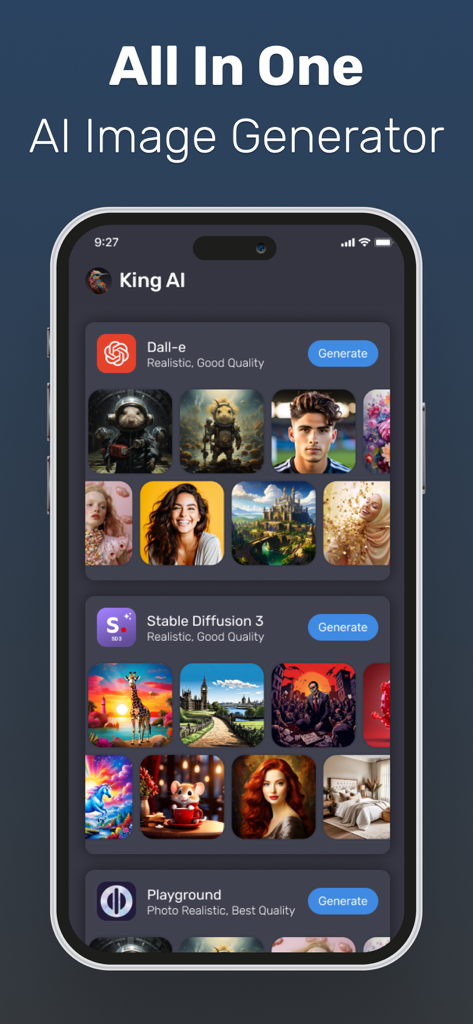 MiM Studio app interface showing an all in one AI image generator with Dall-E and Stable Diffusion models