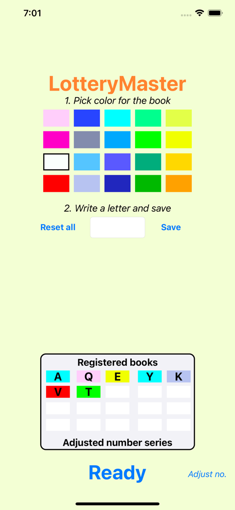 추첨을 위해 티켓 책 색상을 선택하고 문자를 할당하기 위한 LotteryMaster 인터페이스