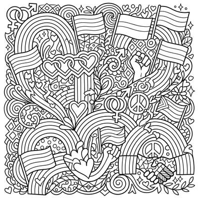 Dive into a world of vibrant expression with this abstract Pride coloring page, specially designed for teens. Discover intricate patterns featuring rainbows, flags, and symbols of love and unity, perfect for celebrating diversity.