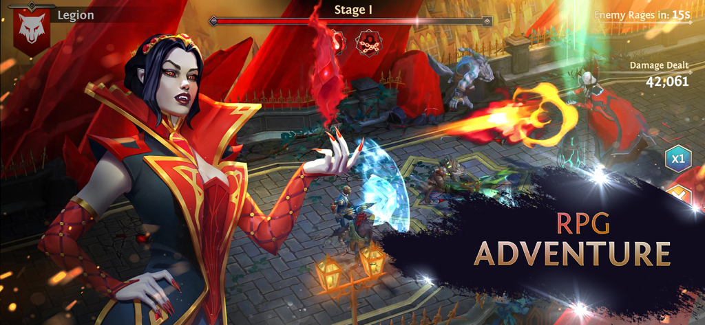 Heroes of the Dark: Squad RPG - Un personaje héroe vampiro liderando una batalla de equipo táctica en el juego móvil Heroes of the Dark