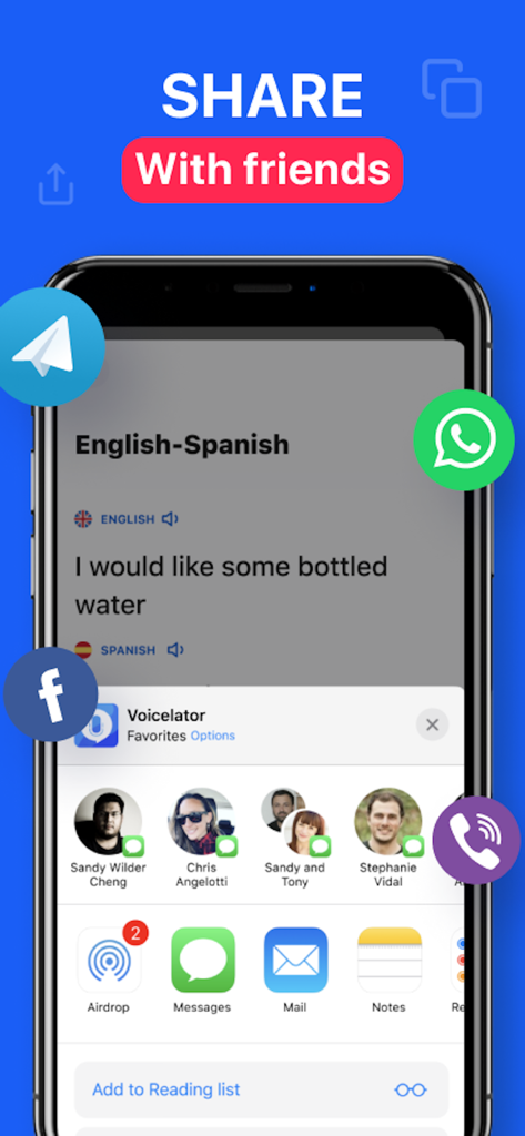 Interfaccia dell'app Voicelator che mostra l'opzione per condividere testo tradotto tramite varie app di messaggistica come WhatsApp e Telegram