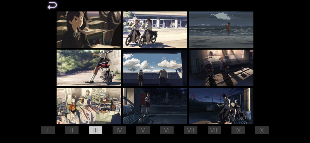 Ein 3x3-Raster mit filmischen Anime-Standbildern aus Makoto Shinkais 5 Zentimetern pro Sekunde Kapitel 2