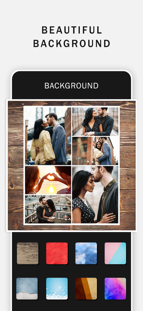 Photo Shape Collage Maker. - A mobile app interface showing various background options for a photo collage featuring couple photos on a wooden texture.
