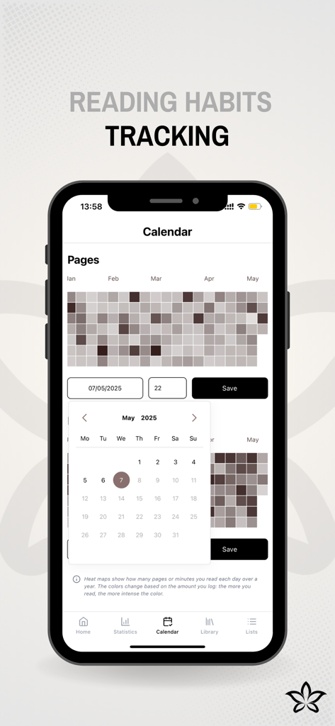 Liryo: Reading Journal - Interfaz de la aplicación Liryo que muestra un mapa de calor de hábitos de lectura y una vista de calendario para rastrear las páginas leídas diariamente