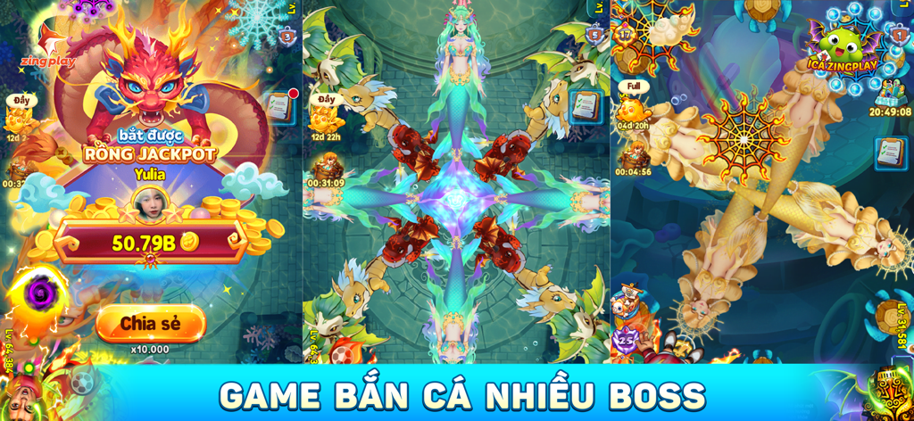 ZingPlay iCa fish shooting game screenshots featuring boss battles and rewards