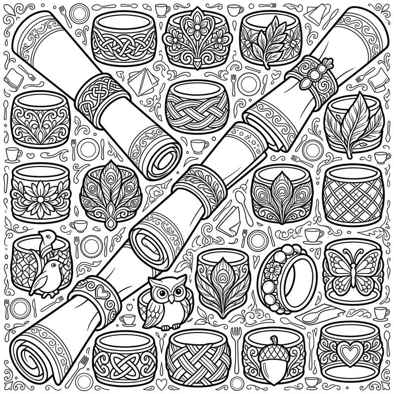 Dive into a world of intricate design with this captivating coloring page featuring a delightful assortment of napkin rings and holders. Each piece offers unique patterns and details, promising hours of artistic enjoyment for colorists of all levels.