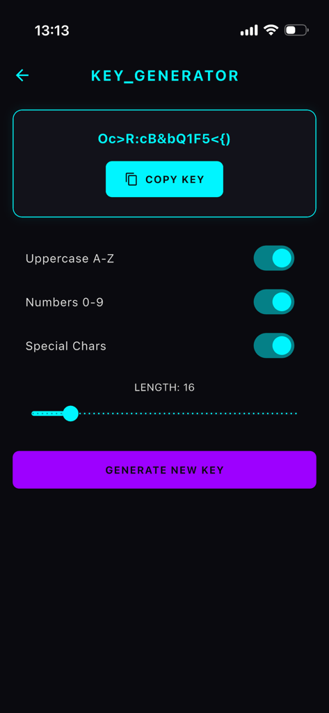 Cyber Deck - System Console - Interface of the Cyber Deck app showing the secure key generator tool with customizable settings and a cyberpunk aesthetic.