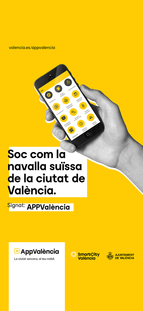 Uma mão segurando um smartphone com a interface do AppValència contra um fundo amarelo brilhante