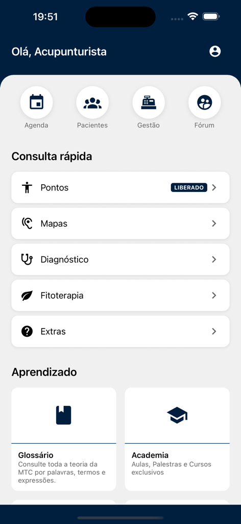 Acupuntura Pro - Panel principal de la aplicación Acupuntura Pro que muestra herramientas de gestión clínica y recursos médicos para practicantes de acupuntura.