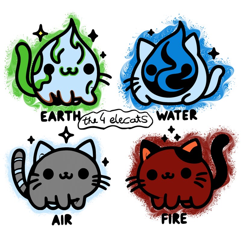 4 cats that represent the different elements, earth, water, air, and fire
