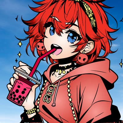 hot baddie anime girl drinking boba and biting the straw