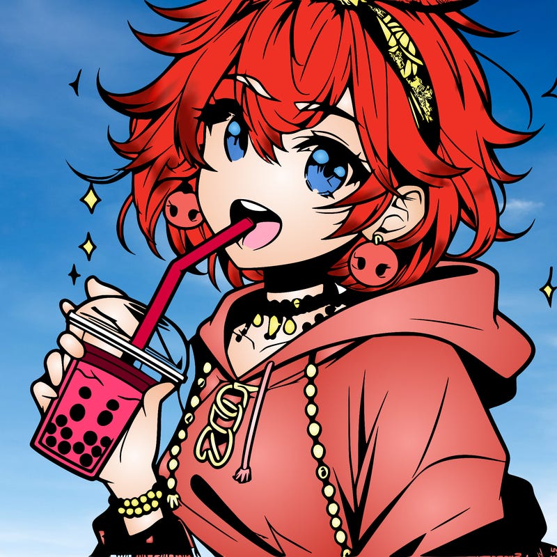 hot baddie anime girl drinking boba and biting the straw