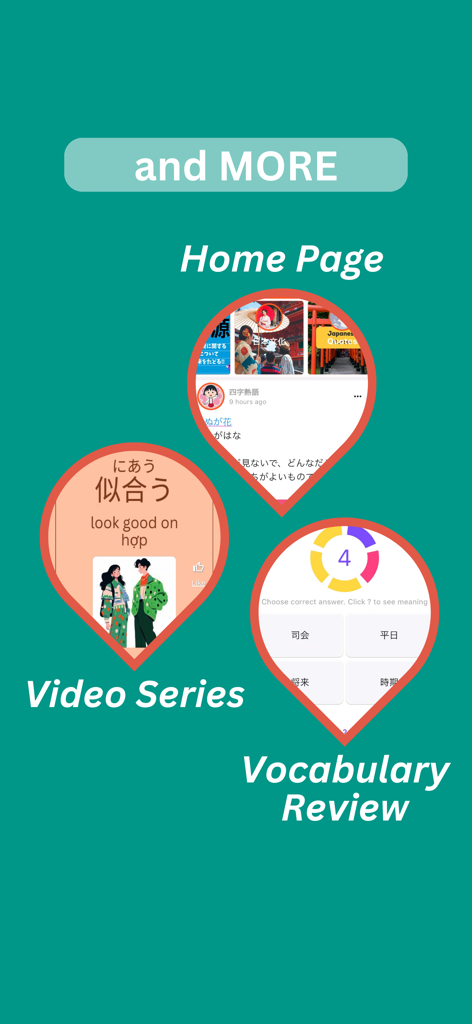 MyJLPT - Captura de tela mostrando a página inicial do aplicativo MyJLPT, a série de vídeos de vocabulário e as seções de quiz de revisão interativa.