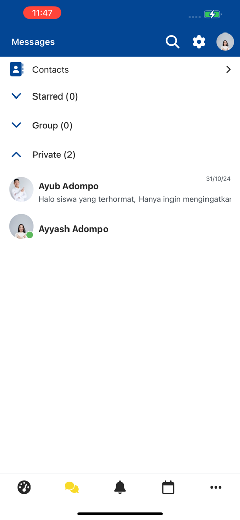 TUTON - TUTON app messaging interface showing a list of private chats and student contacts