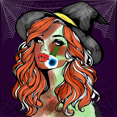 realistic witch girl with wavy hair and lips