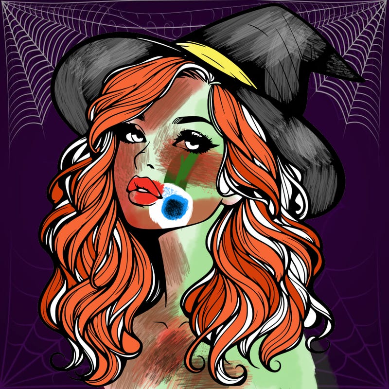 realistic witch girl with wavy hair and lips