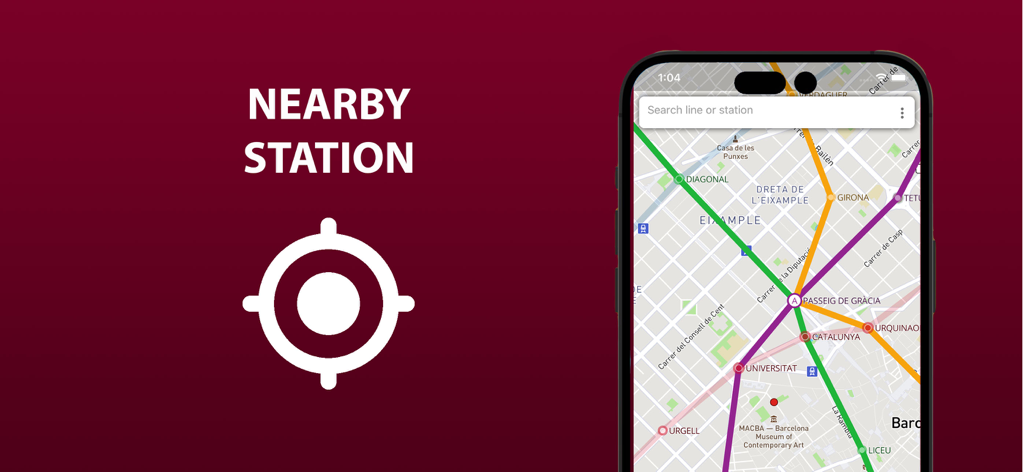 Uma tela de smartphone exibindo um mapa de trânsito de Barcelona destacando estações de metrô e ônibus próximas