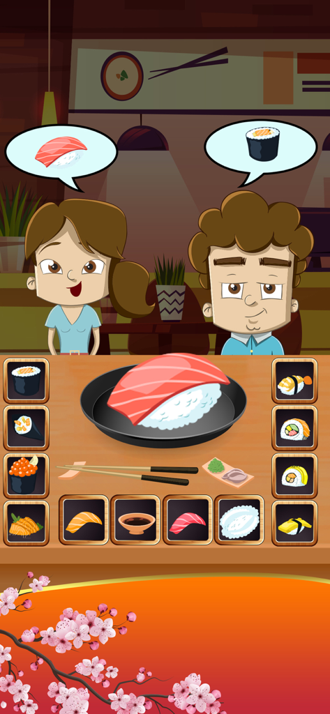 Sushi Maker - Japanese Cooking - A cartoon sushi restaurant scene where two customers are ordering different types of sushi from a chef's counter with various sushi icons.