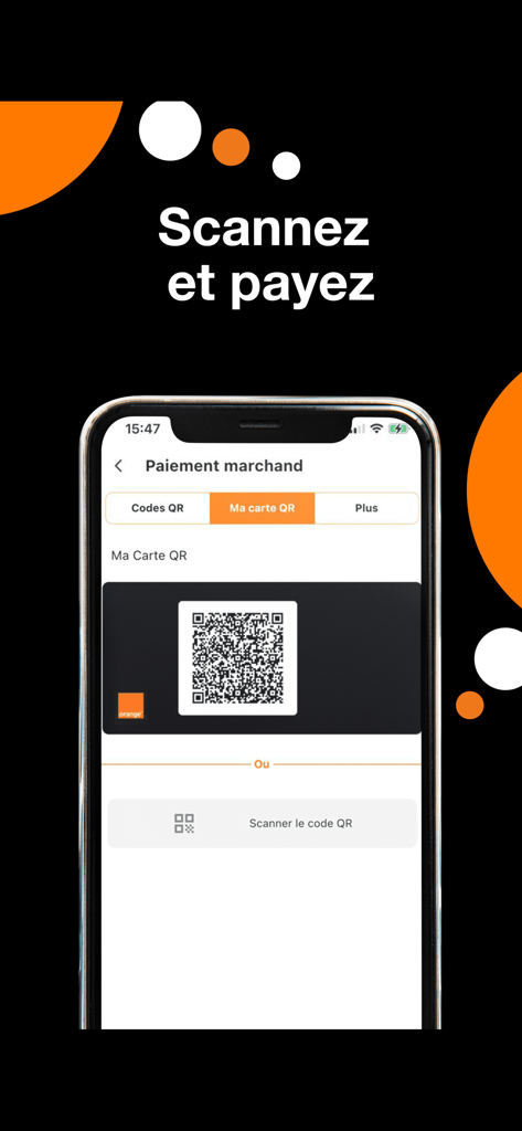 Schermata di pagamento per esercenti dell'app Orange Max it Guinée che mostra un codice QR personale e un pulsante per scansionare altri codici QR per i pagamenti