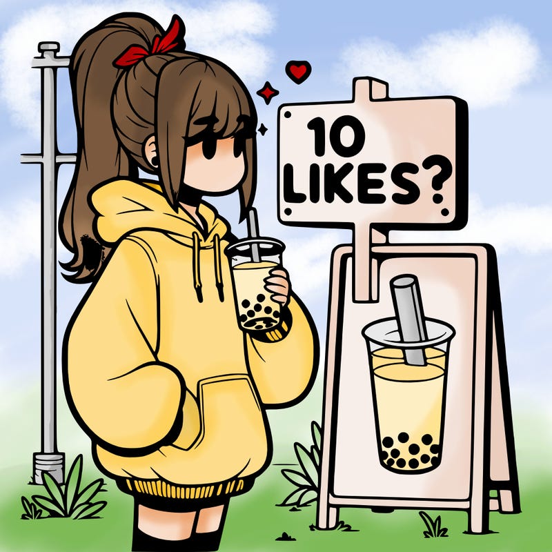 girl with oversized hoodie drinking boba and she has a high ponytail with a sign that says 10likes?