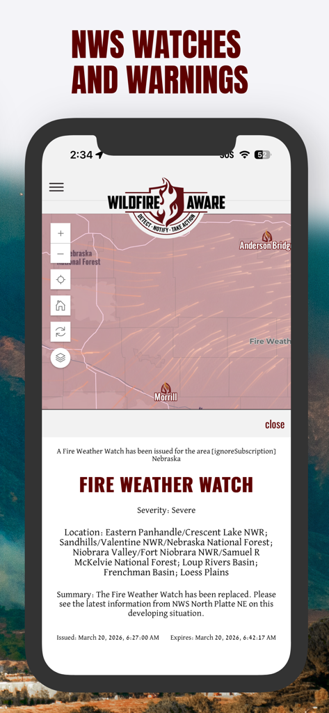 Wildfire Aware® | Fire Alerts - Wildfire Aware app interface showing an NWS fire weather watch alert with an interactive map.