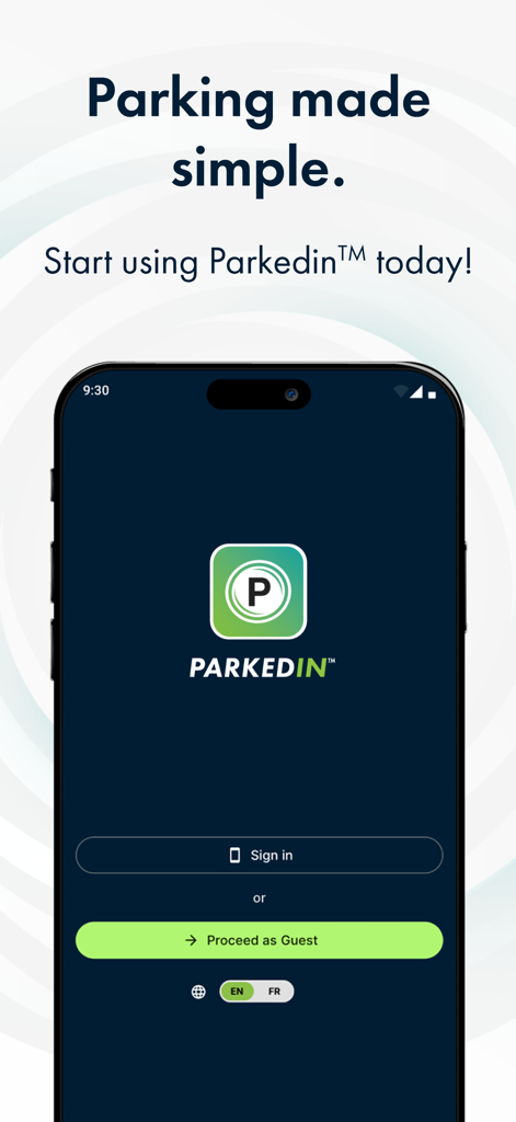 Parkedin™ - Página de inicio de la aplicación móvil Parkedin que muestra opciones de inicio de sesión y acceso de invitado para un aparcamiento simplificado