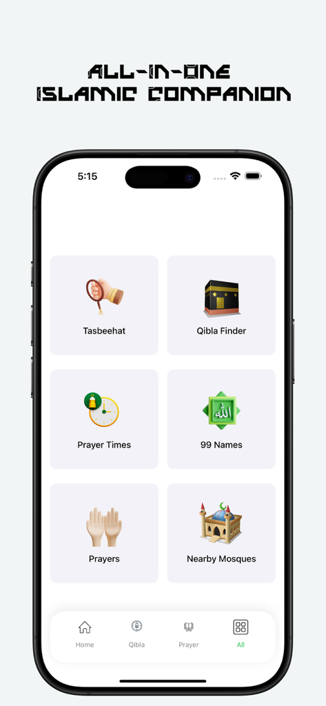 Ramadan Map - Pantalla de inicio de la aplicación Ramadan Map que muestra funciones como buscador de Qibla, horarios de oración y mezquitas cercanas