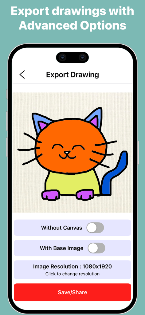 Trace and Sketch -Easy Drawing - Mobile app screen showing export options for a colorful cat drawing in Trace and Sketch