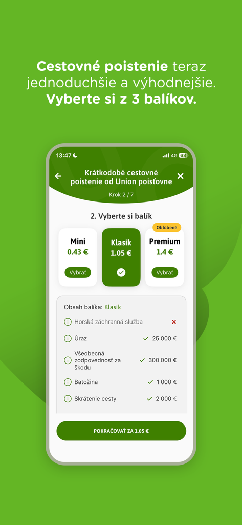Mini, Klasik, Premium 옵션을 포함한 단기 여행 보험 패키지 선택을 보여주는 Union zdravotna poistovna 모바일 앱 인터페이스