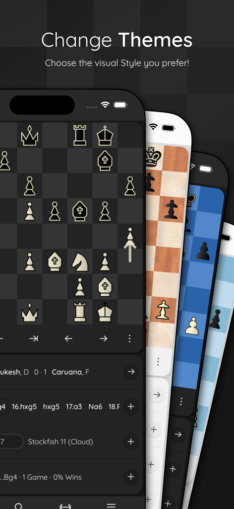 ChessBase Mobile - チェスベースモバイルアプリで利用可能なさまざまなチェス盤のビジュアルテーマとスタイルを表示
