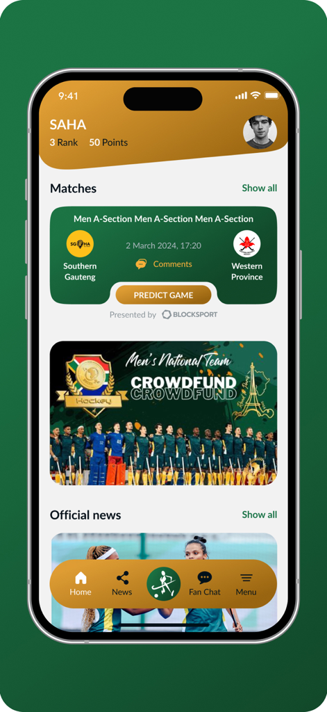 SA HOCKEY ASSOCIATION - Home screen of the SA Hockey Association mobile app featuring match predictions team news and crowdfunding campaigns