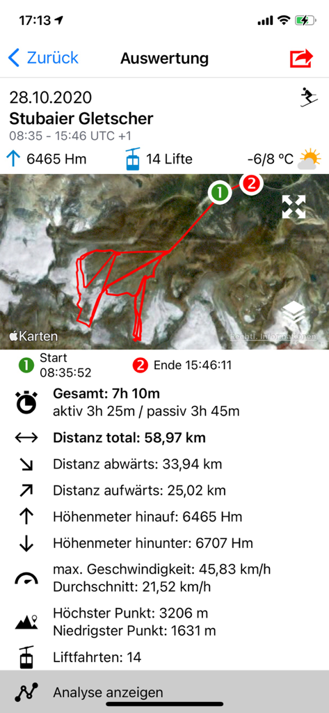 iSKI Austria - Ski & Snow - Ein detaillierter Bildschirm zur Analyse der Skileistung in der iSKI Austria App, der eine GPS-Track-Karte zusammen mit Statistiken wie Distanz, Geschwindigkeit und Höhengewinn anzeigt