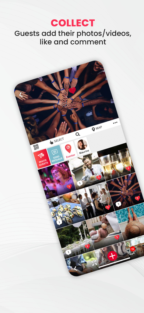Eventer - Unforgettable Events - Interface of the Eventer app showing a shared photo feed where guests can upload like and comment on media from an event