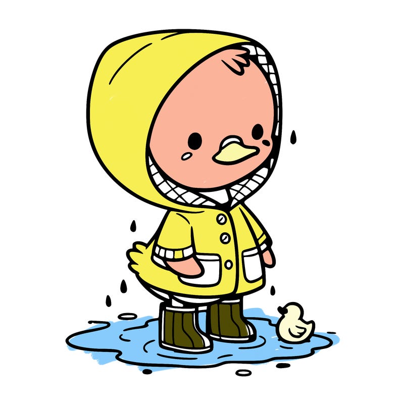 baby duck in a rain coat and boots, in a puddle while it’s raining