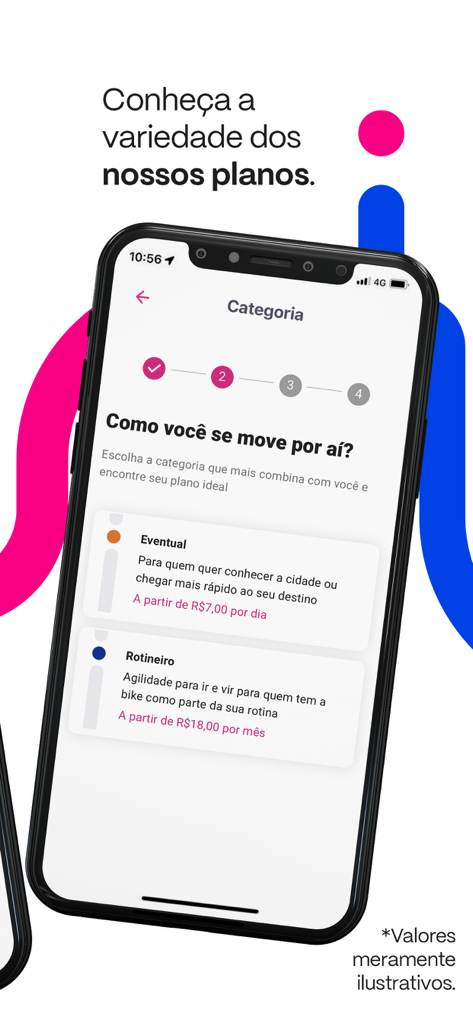 tembici. - Interfaz de la aplicación Tembici mostrando diferentes opciones de planes de suscripción de bicicletas compartidas como 'Eventual' y 'Rotineiro'.