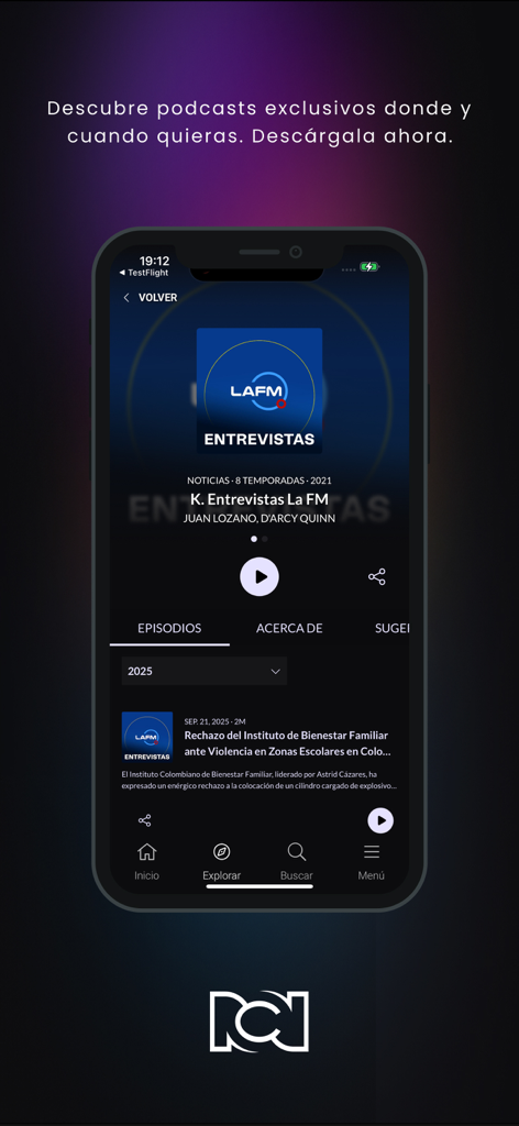 RCN Radio - Interfaz de la aplicación móvil RCN Radio mostrando entrevistas y episodios de podcasts de La FM