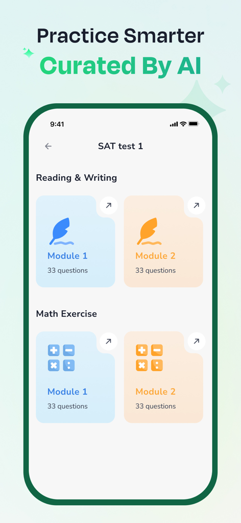 AI Math Solver App - SolveMate - SolveMate app screen showing AI curated SAT test modules for math and reading