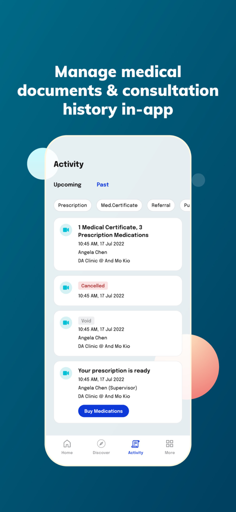 Doctor Anywhere: Healthcare - Doctor Anywhere app screen showing the management of medical documents and consultation history