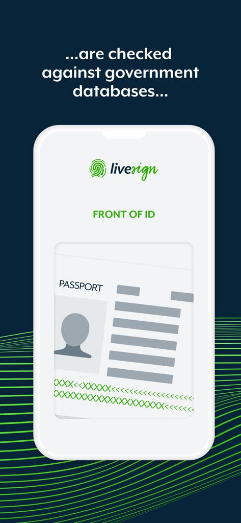 Schermata di uno smartphone che mostra l'app livesign che scansiona un passaporto per la verifica dell'identità rispetto ai database governativi