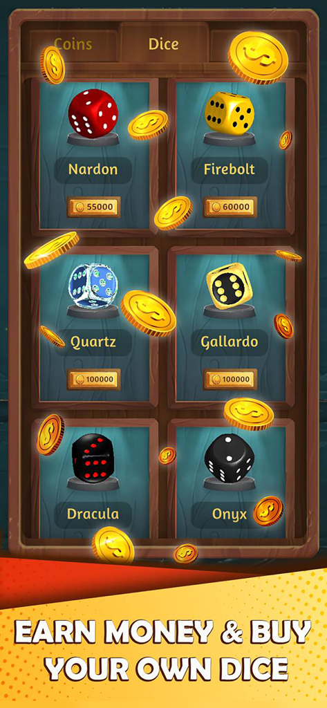 Lucky Ludo - Lucky Ludo in-game shop showing various customizable dice patterns and skins like Nardon and Quartz