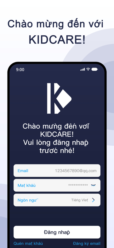 KIDCARE VN - Login screen of the KIDCARE VN mobile app showing email and password fields in Vietnamese language.