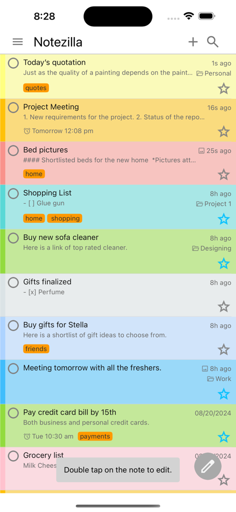 Notezilla - Notes & Reminders - Interfaz de la aplicación móvil Notezilla mostrando una lista de notas adhesivas coloridas con etiquetas y recordatorios