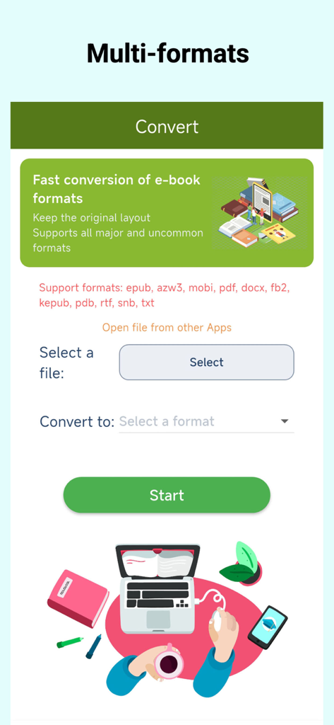 Ebook Formats Converter - Interface of the ebook converter app showing the multi-format conversion screen with a list of supported file types like EPUB and PDF