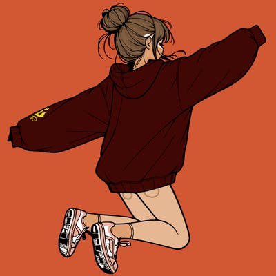 realistic girl jumping with a bun and oversized sweatshirt