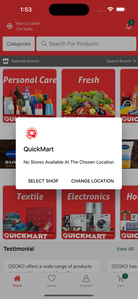 Quickmart Online - Q SOKO - Quickmart Online app interface showing a no stores available error message over product category tiles.