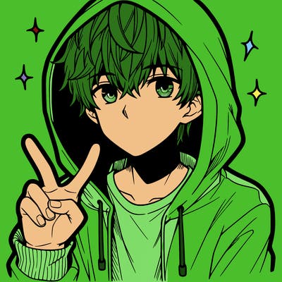 teenage manga boy in a hoodie, doing ✌
