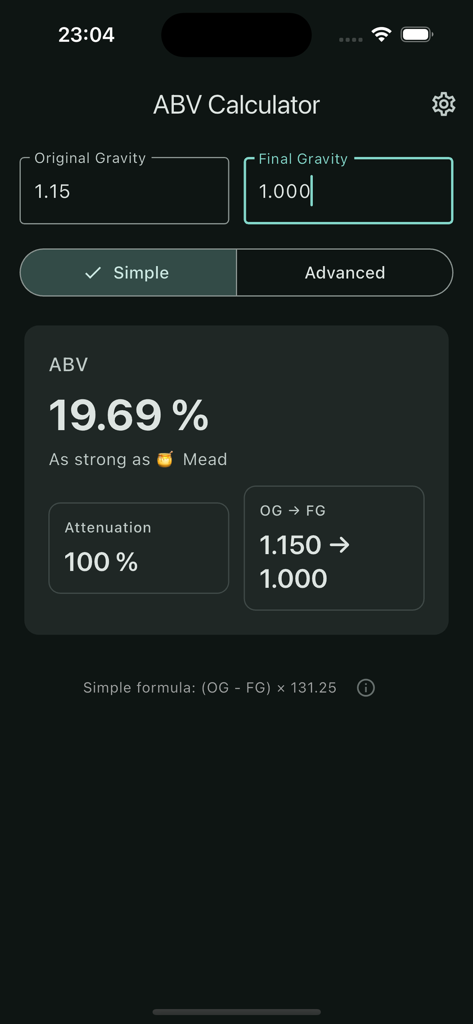 ABV Calculator - Minimalistic - ABV計算機アプリのインターフェース。ダークモードでミードのアルコール度数19.69％の結果を表示。