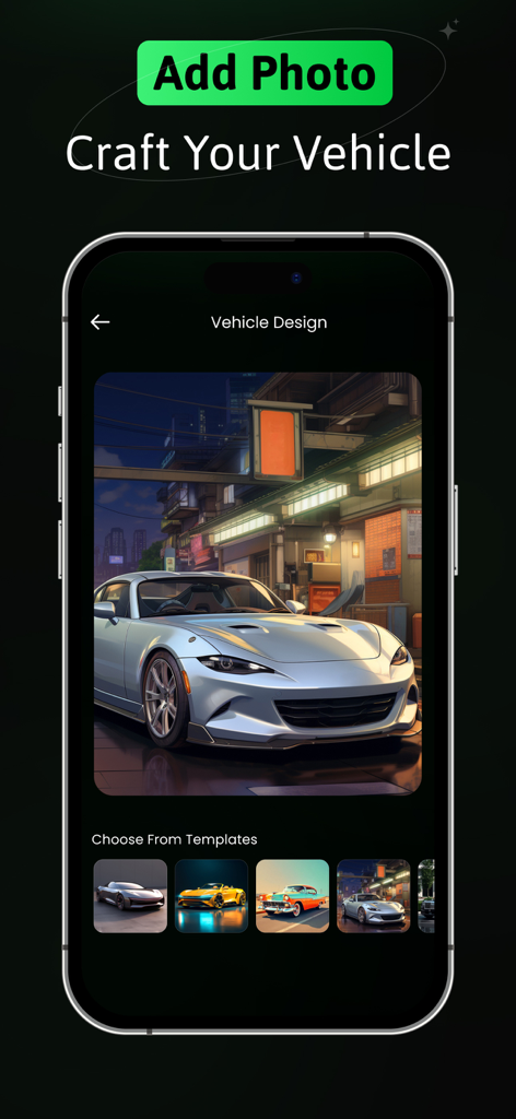 AI Car Designer: Car Modify AI - Pantalla de la aplicación Diseñador de Coches IA que muestra un diseño de coche deportivo plateado y varias plantillas de vehículos para personalizar.