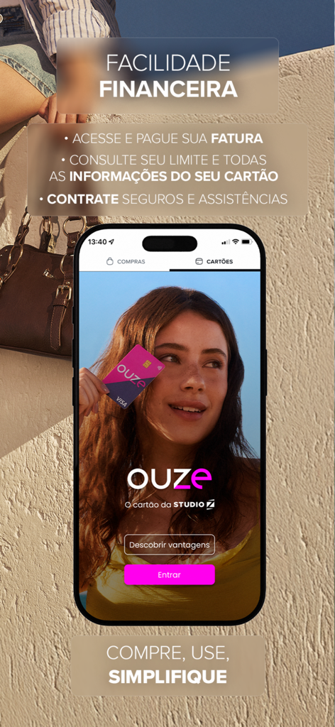 Studio Z Calçados e Acessórios - Smartphone screen of Studio Z app showing OUZE credit card features and financial management options